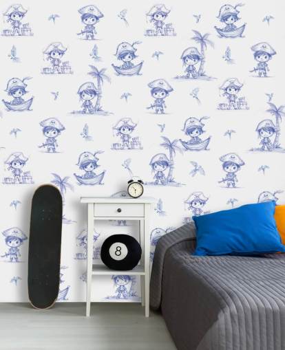 mural de pared pirata personalizado en blanco y azul llamado Charming Buccaneers de Elena Pavlova