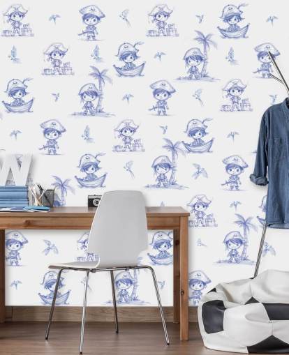 blau-weißes individuelles Piraten-Wandbild namens Charming Buccaneers von Elena Pavlova