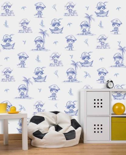 fresque murale de pirate personnalisée bleue et blanche appelée Charming Buccaneers par Elena Pavlova