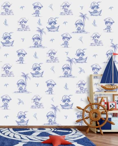 blå og hvit tilpasset piratveggmaleri kalt Charming Buccaneers av Elena Pavlova blå og hvit tilpasset piratveggmaleri kalt Charming Buccaneers av Elena Pavlova