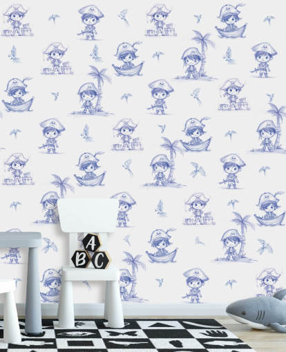 blauw-witte piratenmuurschildering op maat genaamd Charming Buccaneers van Elena Pavlova