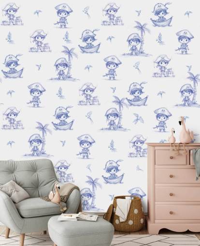 mural de pared pirata personalizado en blanco y azul llamado Charming Buccaneers de Elena Pavlova mural de pared pirata personalizado en blanco y azul llamado Charming Buccaneers de Elena Pavlova