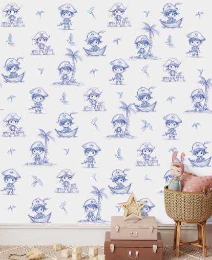 blue and white custom pirate wall mural called Charming Buccaneers by Elena Pavlova blue and white custom pirate wall mural called Charming Buccaneers by Elena Pavlova