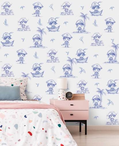 blue and white custom pirate wall mural called Charming Buccaneers by Elena Pavlova