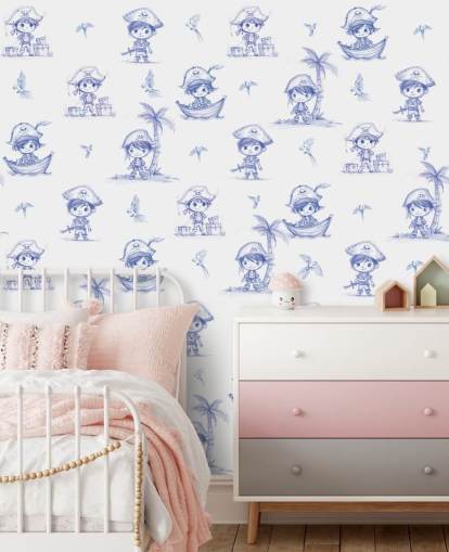 mural de pared pirata personalizado en blanco y azul llamado Charming Buccaneers de Elena Pavlova