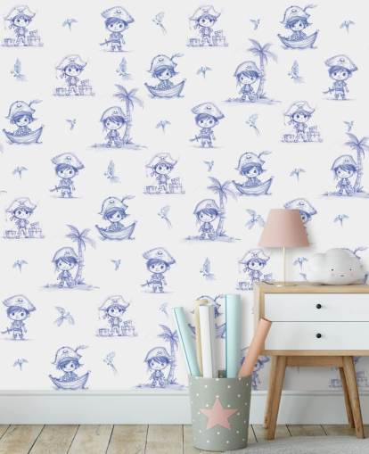 fresque murale de pirate personnalisée bleue et blanche appelée Charming Buccaneers par Elena Pavlova fresque murale de pirate personnalisée bleue et blanche appelée Charming Buccaneers par Elena Pavlova