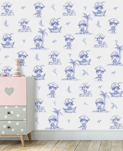 blauw-witte piratenmuurschildering op maat genaamd Charming Buccaneers van Elena Pavlova