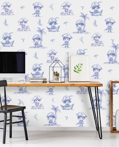 blue and white custom pirate wall mural called Charming Buccaneers by Elena Pavlova