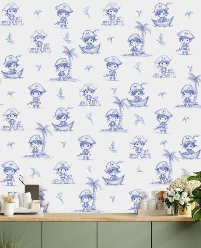 blue and white custom pirate wall mural called Charming Buccaneers by Elena Pavlova blue and white custom pirate wall mural called Charming Buccaneers by Elena Pavlova
