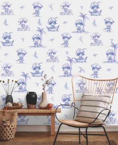 fresque murale de pirate personnalisée bleue et blanche appelée Charming Buccaneers par Elena Pavlova