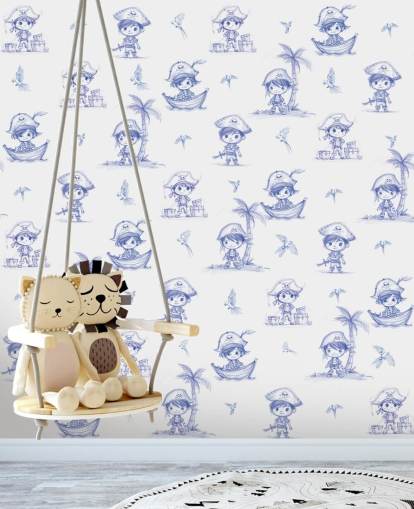 blauw-witte piratenmuurschildering op maat genaamd Charming Buccaneers van Elena Pavlova