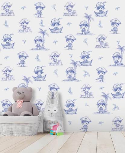 murale personalizzato pirata blu e bianco chiamato Charming Buccaneers di Elena Pavlova