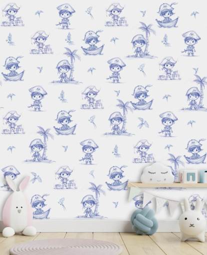 fresque murale de pirate personnalisée bleue et blanche appelée Charming Buccaneers par Elena Pavlova