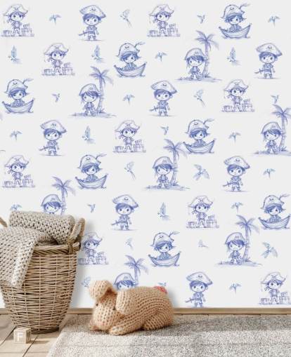 blauw-witte piratenmuurschildering op maat genaamd Charming Buccaneers van Elena Pavlova