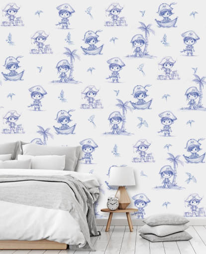 fresque murale de pirate personnalisée bleue et blanche appelée Charming Buccaneers par Elena Pavlova