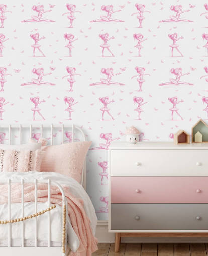roze en witte ballerina-muurschildering op maat genaamd Delicate Dance van Elena Pavlova voor slaapkamers en kinderdagverblijven