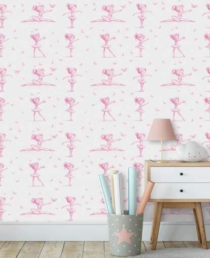rosa-weißes maßgeschneidertes Ballerina-Wandbild namens Delicate Dance von Elena Pavlova für Schlafzimmer und Kinderzimmer rosa-weißes maßgeschneidertes Ballerina-Wandbild namens Delicate Dance von Elena Pavlova für Schlafzimmer und Kinderzimmer