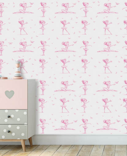 murale con ballerina personalizzata rosa e bianca chiamato Delicate Dance di Elena Pavlova per camere da letto e asili nido