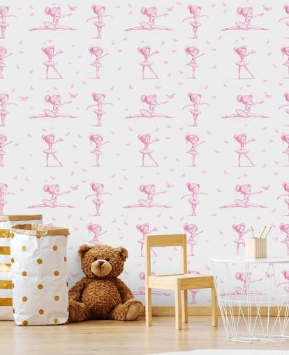 roze en witte ballerina-muurschildering op maat genaamd Delicate Dance van Elena Pavlova voor slaapkamers en kinderdagverblijven roze en witte ballerina-muurschildering op maat genaamd Delicate Dance van Elena Pavlova voor slaapkamers en kinderdagverblijven