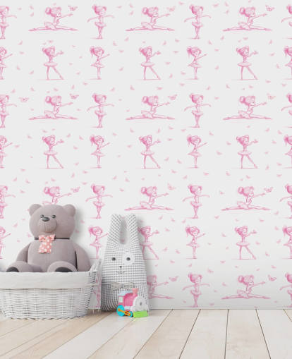 roze en witte ballerina-muurschildering op maat genaamd Delicate Dance van Elena Pavlova voor slaapkamers en kinderdagverblijven