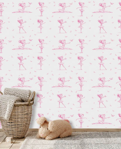 murale con ballerina personalizzata rosa e bianca chiamato Delicate Dance di Elena Pavlova per camere da letto e asili nido