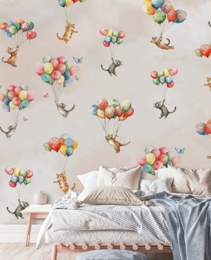 murale da parete rosa personalizzabile con gatti chiamato Floating Felines di Elena Pavlova per camere da letto e asili nido murale da parete rosa personalizzabile con gatti chiamato Floating Felines di Elena Pavlova per camere da letto e asili nido