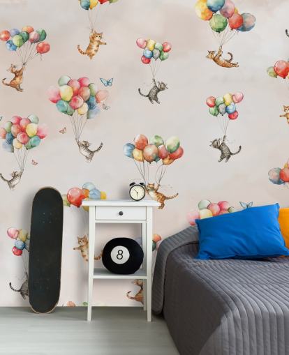 mural de pared rosa personalizable de gato llamado Floating Felines de Elena Pavlova para dormitorios y guarderías mural de pared rosa personalizable de gato llamado Floating Felines de Elena Pavlova para dormitorios y guarderías