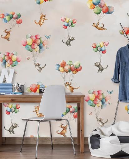 roze aanpasbare kattenmuurschildering genaamd Floating Felines van Elena Pavlova voor slaapkamers en kinderdagverblijven roze aanpasbare kattenmuurschildering genaamd Floating Felines van Elena Pavlova voor slaapkamers en kinderdagverblijven