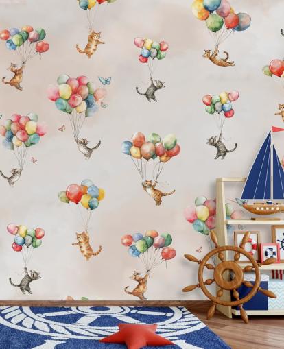 fresque murale rose personnalisable en forme de chat appelée Floating Felines par Elena Pavlova pour les chambres et les crèches fresque murale rose personnalisable en forme de chat appelée Floating Felines par Elena Pavlova pour les chambres et les crèches