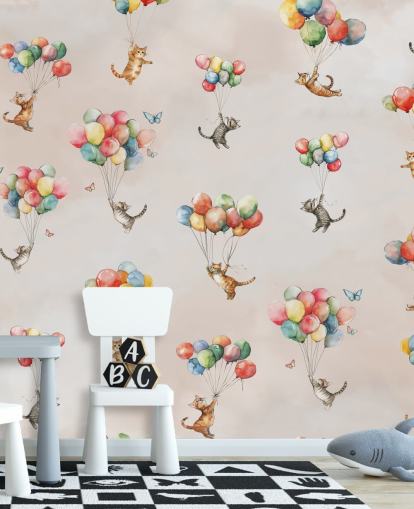 pink customizable cat wall mural called Floating Felines by Elena Pavlova for bedrooms and nurseries