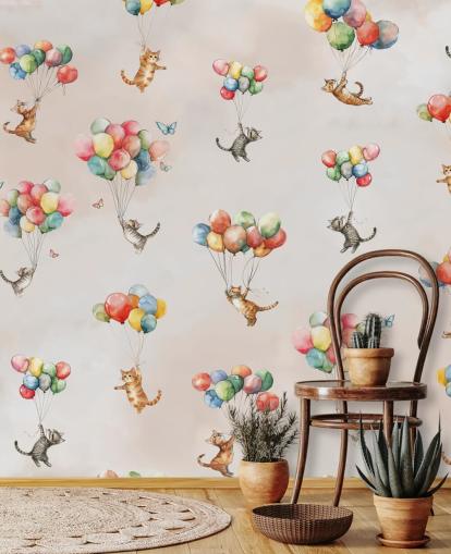 pink customizable cat wall mural called Floating Felines by Elena Pavlova for bedrooms and nurseries