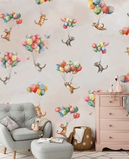 mural de pared rosa personalizable de gato llamado Floating Felines de Elena Pavlova para dormitorios y guarderías