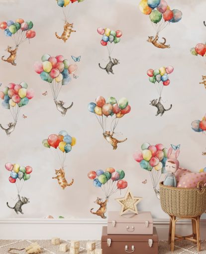 fresque murale rose personnalisable en forme de chat appelée Floating Felines par Elena Pavlova pour les chambres et les crèches