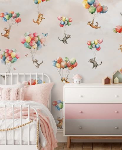 mural de parede de gato personalizável rosa chamado Floating Felines de Elena Pavlova para quartos e creches mural de parede de gato personalizável rosa chamado Floating Felines de Elena Pavlova para quartos e creches