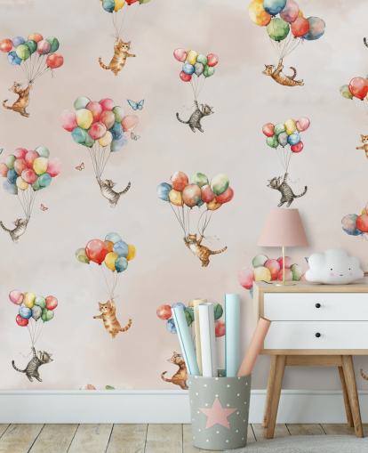 murale da parete rosa personalizzabile con gatti chiamato Floating Felines di Elena Pavlova per camere da letto e asili nido