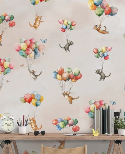 murale da parete rosa personalizzabile con gatti chiamato Floating Felines di Elena Pavlova per camere da letto e asili nido