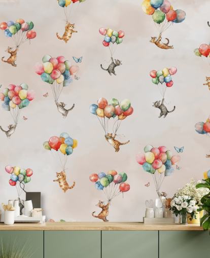 murale da parete rosa personalizzabile con gatti chiamato Floating Felines di Elena Pavlova per camere da letto e asili nido