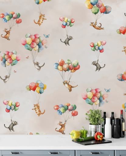 roze aanpasbare kattenmuurschildering genaamd Floating Felines van Elena Pavlova voor slaapkamers en kinderdagverblijven