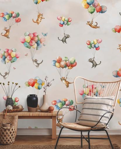 roze aanpasbare kattenmuurschildering genaamd Floating Felines van Elena Pavlova voor slaapkamers en kinderdagverblijven roze aanpasbare kattenmuurschildering genaamd Floating Felines van Elena Pavlova voor slaapkamers en kinderdagverblijven