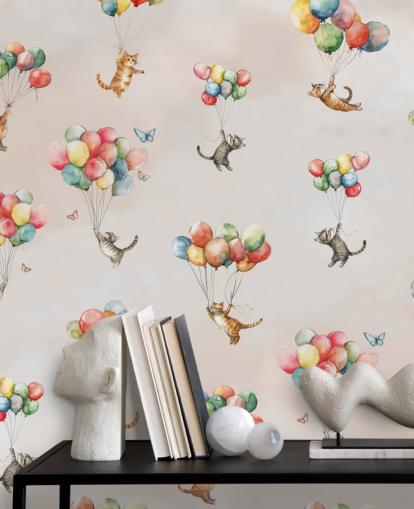 mural de pared rosa personalizable de gato llamado Floating Felines de Elena Pavlova para dormitorios y guarderías