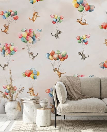 mural de pared rosa personalizable de gato llamado Floating Felines de Elena Pavlova para dormitorios y guarderías