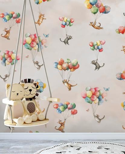 fresque murale rose personnalisable en forme de chat appelée Floating Felines par Elena Pavlova pour les chambres et les crèches