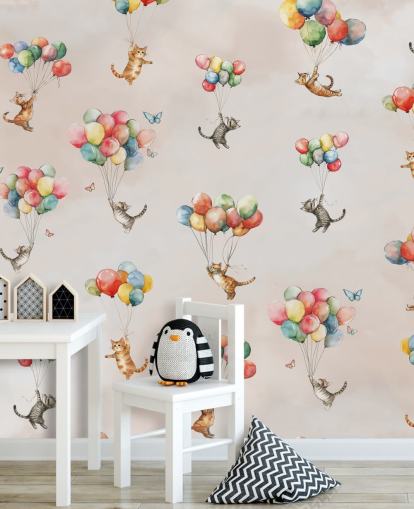 pink customisable cat wall mural called Floating Felines by Elena Pavlova for bedrooms and nurseries