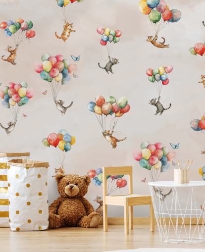 rosa tilpassbart katteveggmaleri kalt Floating Felines av Elena Pavlova for soverom og barnehager rosa tilpassbart katteveggmaleri kalt Floating Felines av Elena Pavlova for soverom og barnehager