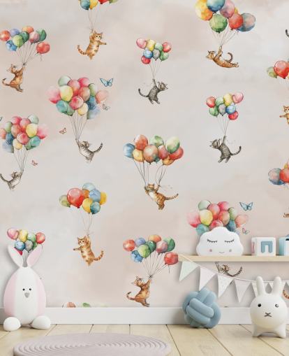 mural de pared rosa personalizable de gato llamado Floating Felines de Elena Pavlova para dormitorios y guarderías