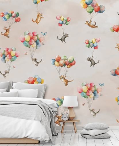 rosa tilpassbart katteveggmaleri kalt Floating Felines av Elena Pavlova for soverom og barnehager rosa tilpassbart katteveggmaleri kalt Floating Felines av Elena Pavlova for soverom og barnehager