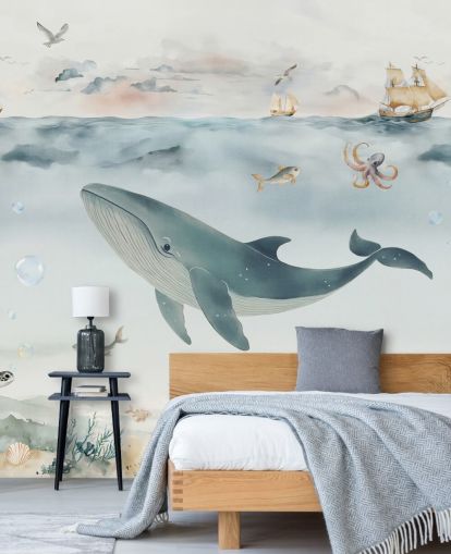 mural marino infantil azul y gris llamado Gentle Ocean de Elena Pavlova para guarderías y dormitorios