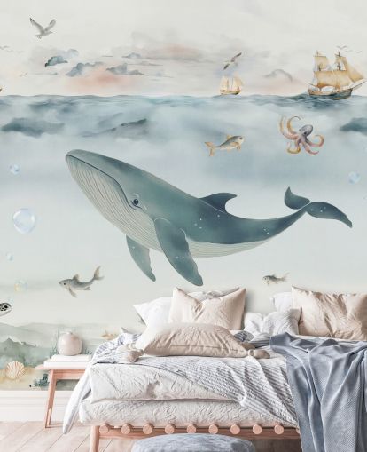 blue and gray children's ocean mural called Gentle Ocean by Elena Pavlova for nurseries and bedrooms