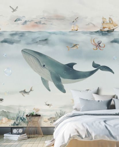 mural marino infantil azul y gris llamado Gentle Ocean de Elena Pavlova para guarderías y dormitorios