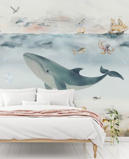 mural marino infantil azul y gris llamado Gentle Ocean de Elena Pavlova para guarderías y dormitorios mural marino infantil azul y gris llamado Gentle Ocean de Elena Pavlova para guarderías y dormitorios